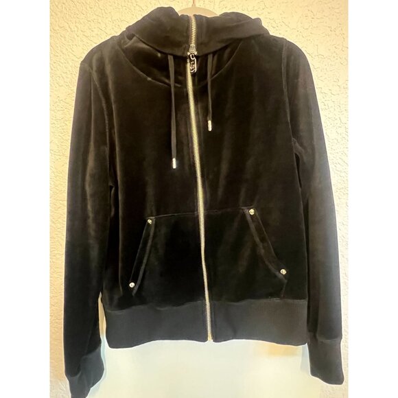 Michael Kors M Black Velour full zip Kangaroo Pockets Drawstring High Collar - Picture 16 of 16